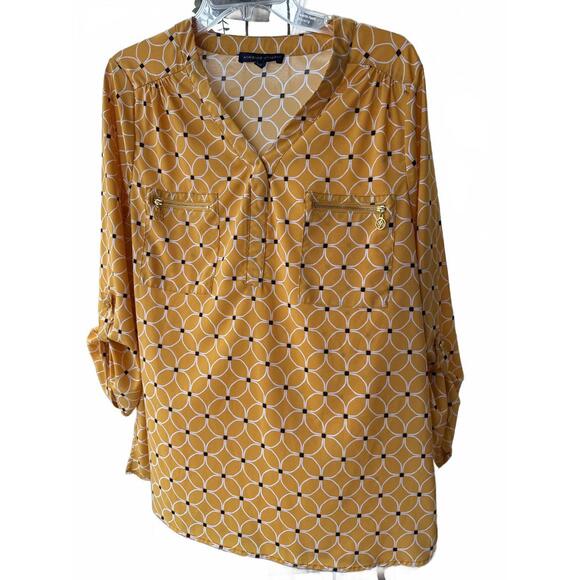 Adrienne Vittadini Tops - Adrienne Vittadini Yellow Geometric Pattern Blouse with Zip Pockets